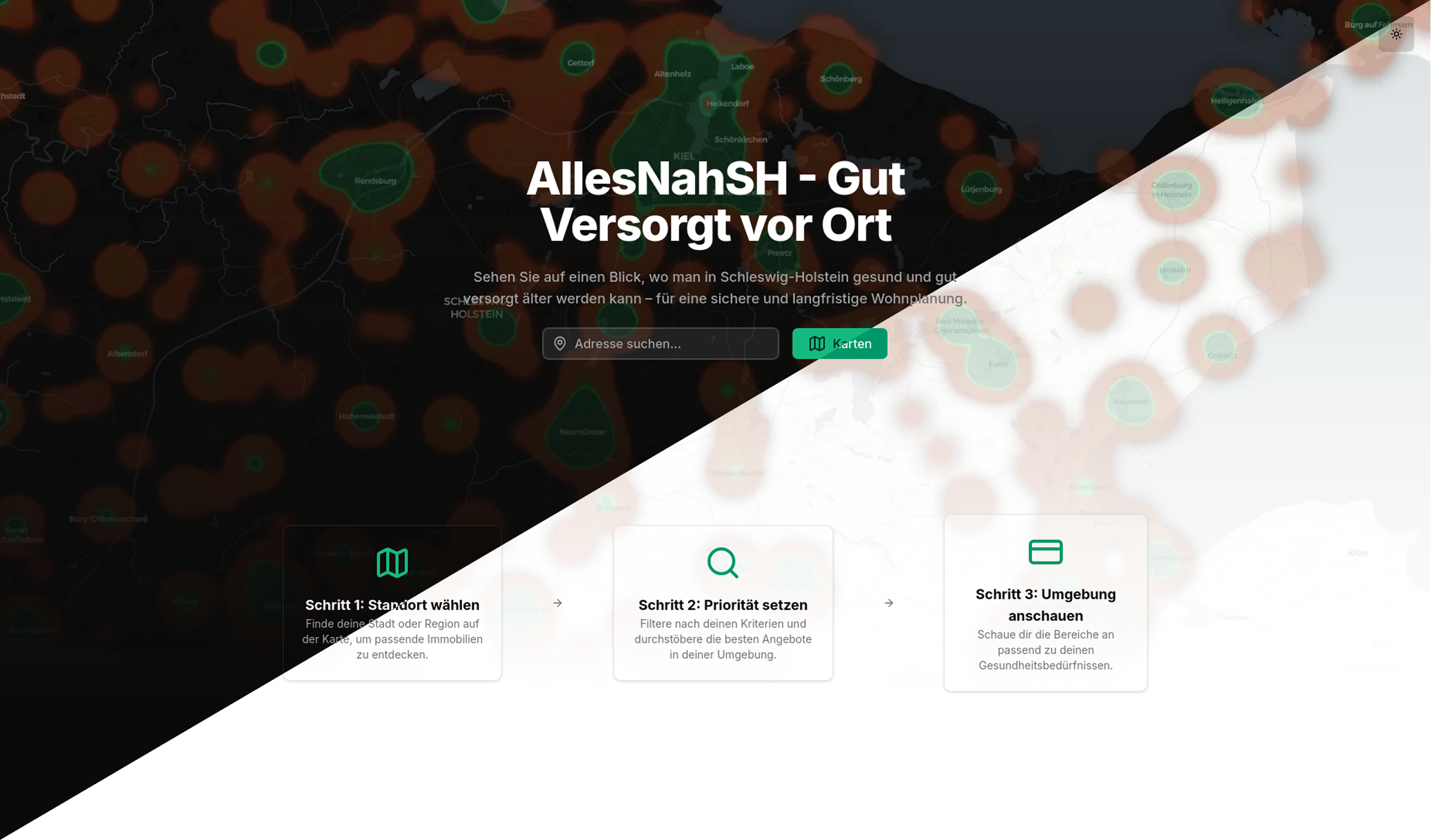 Landingscreen des Prototypens zur hälfte im Hellen Modus und zur hälfte im Dunklen