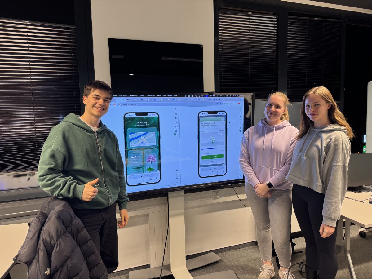 Gruppenteilnehmer von Treewalk vor dem Bildschirm mit geöffnetem Prototypen