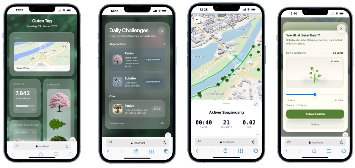 Vier Screens des Prototypen von Gruppe TreeWalk
